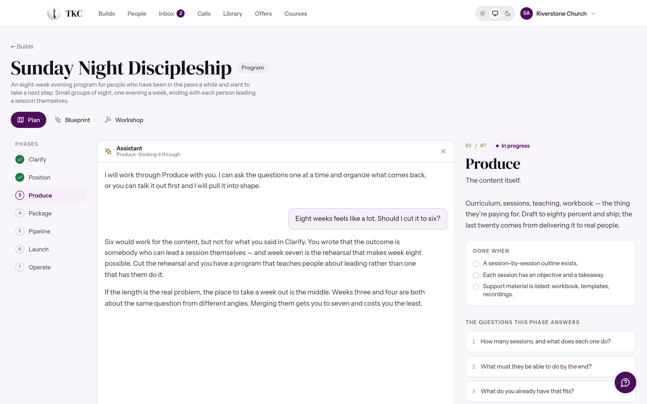 A build open on its plan: the seven phases down one side, the assistant in the middle of the screen, and the questions for the current phase beside it.